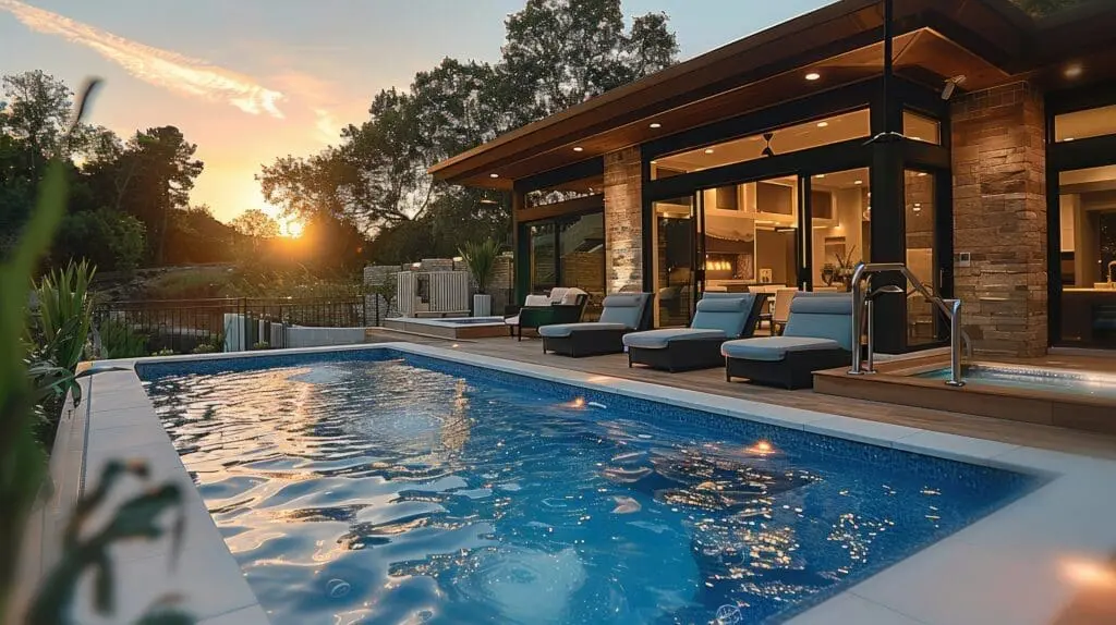 Luxurious poolside seating at sunset with warm lighting and a modern outdoor design.