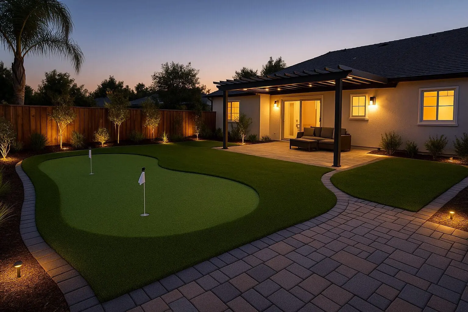 A cozy backyard at dusk with a putting green and illuminated patio.