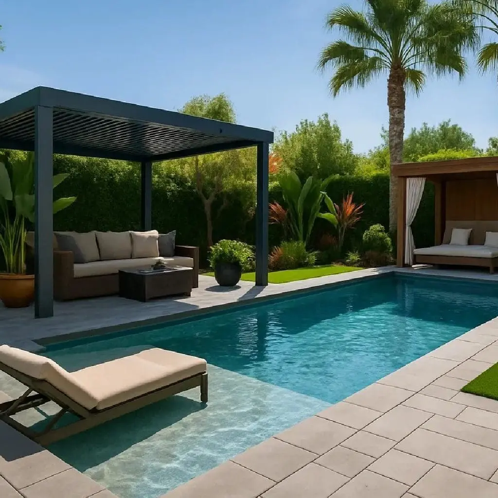 Outdoor 3d design of Luxurious backyard pool area with lounge chairs and shaded seating.