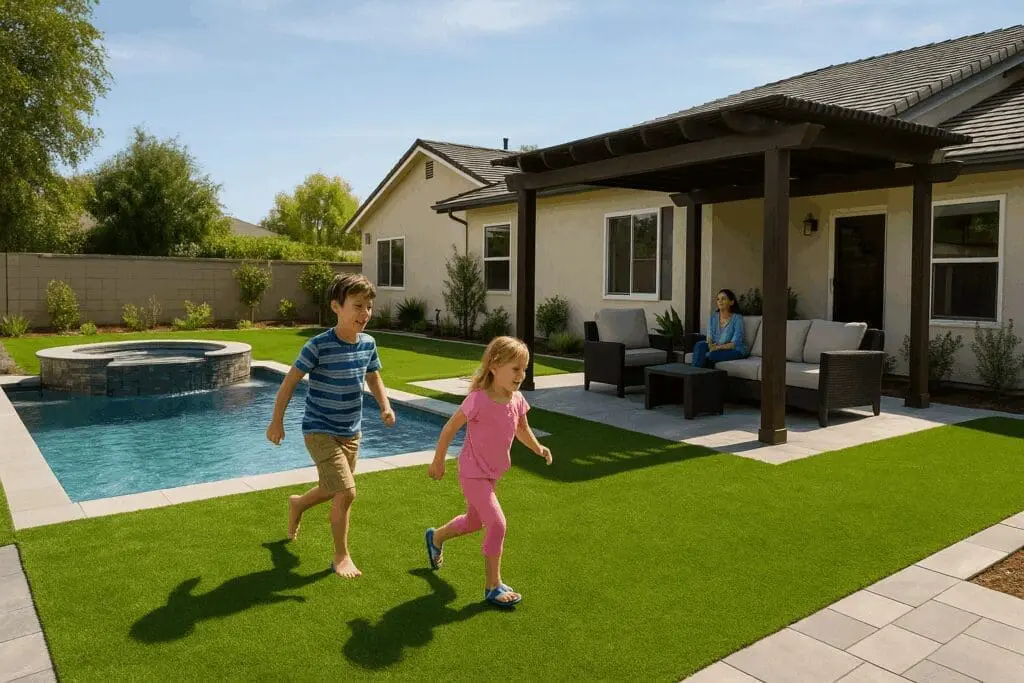 Family-friendly Los Angeles backyard with pool, spa, turf play zone, and safe hardscape designs.”