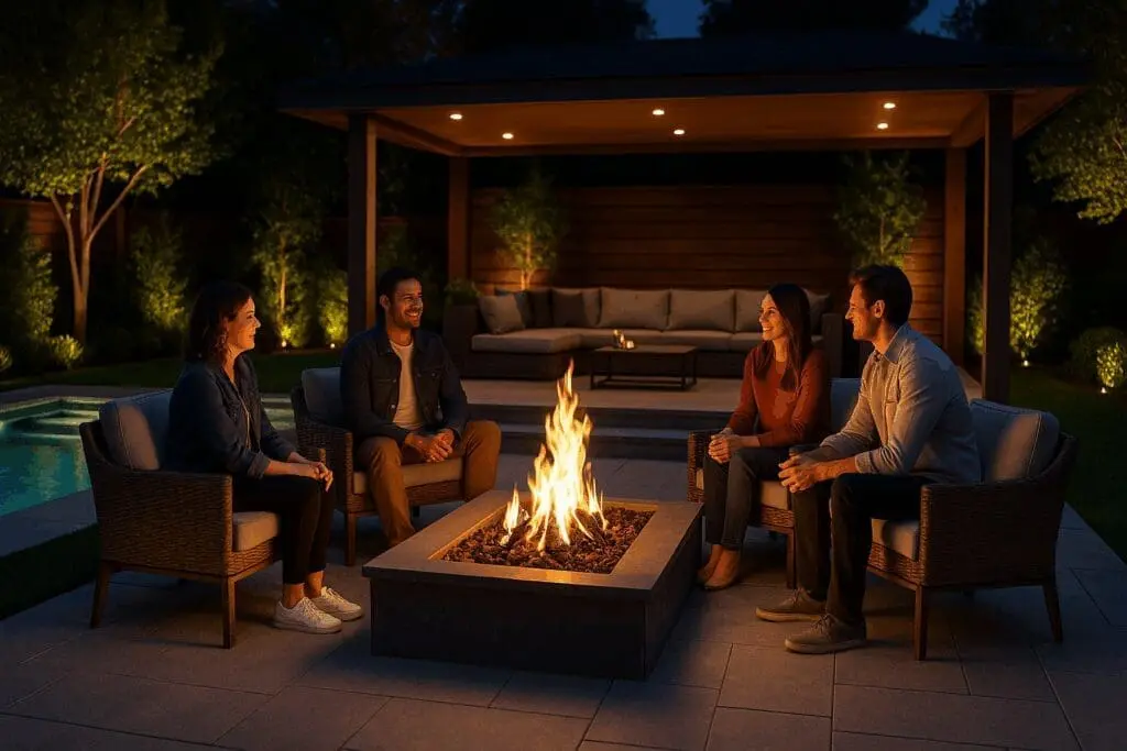 Luxury Los Angeles backyard with fire pit, cabana, and modern lounge seating  perfect for entertaining.