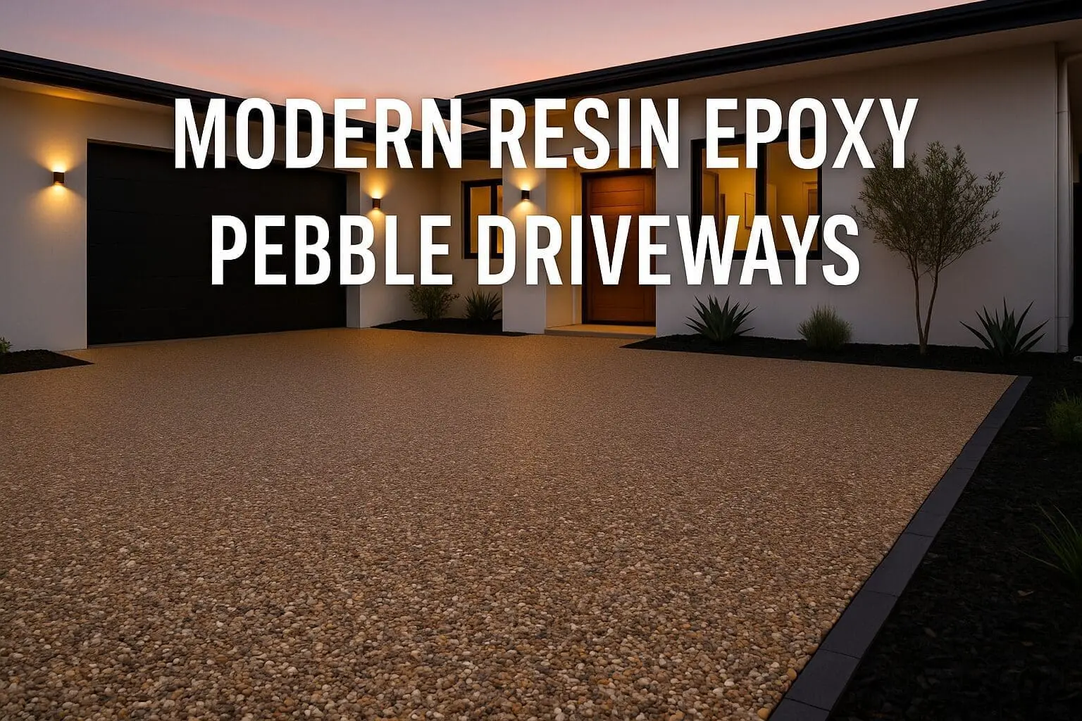 Modern resin epoxy pebble driveway at sunset.