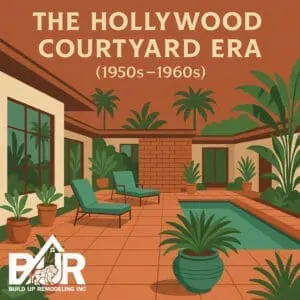 Mid-century modern Hollywood courtyard illustration.
