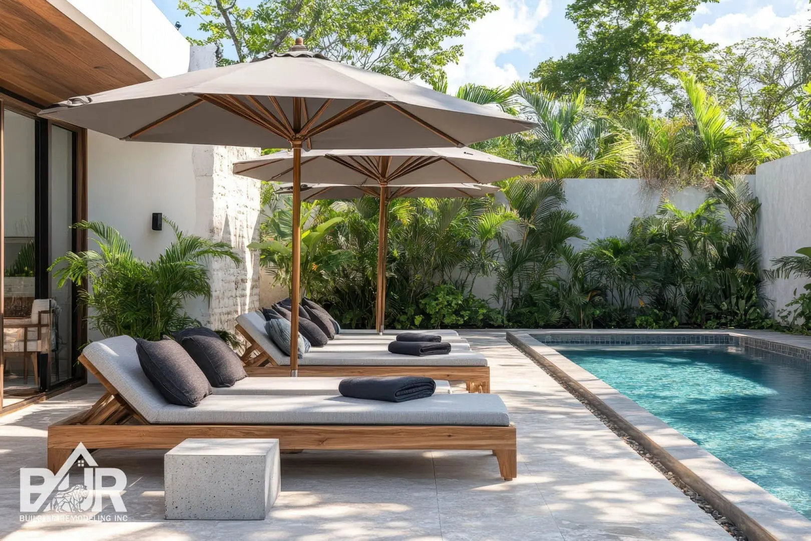 Contemporary poolside lounge area with a concrete umbrella stand and stylish gray pavers inspired by eco friendly Tulum Mexico