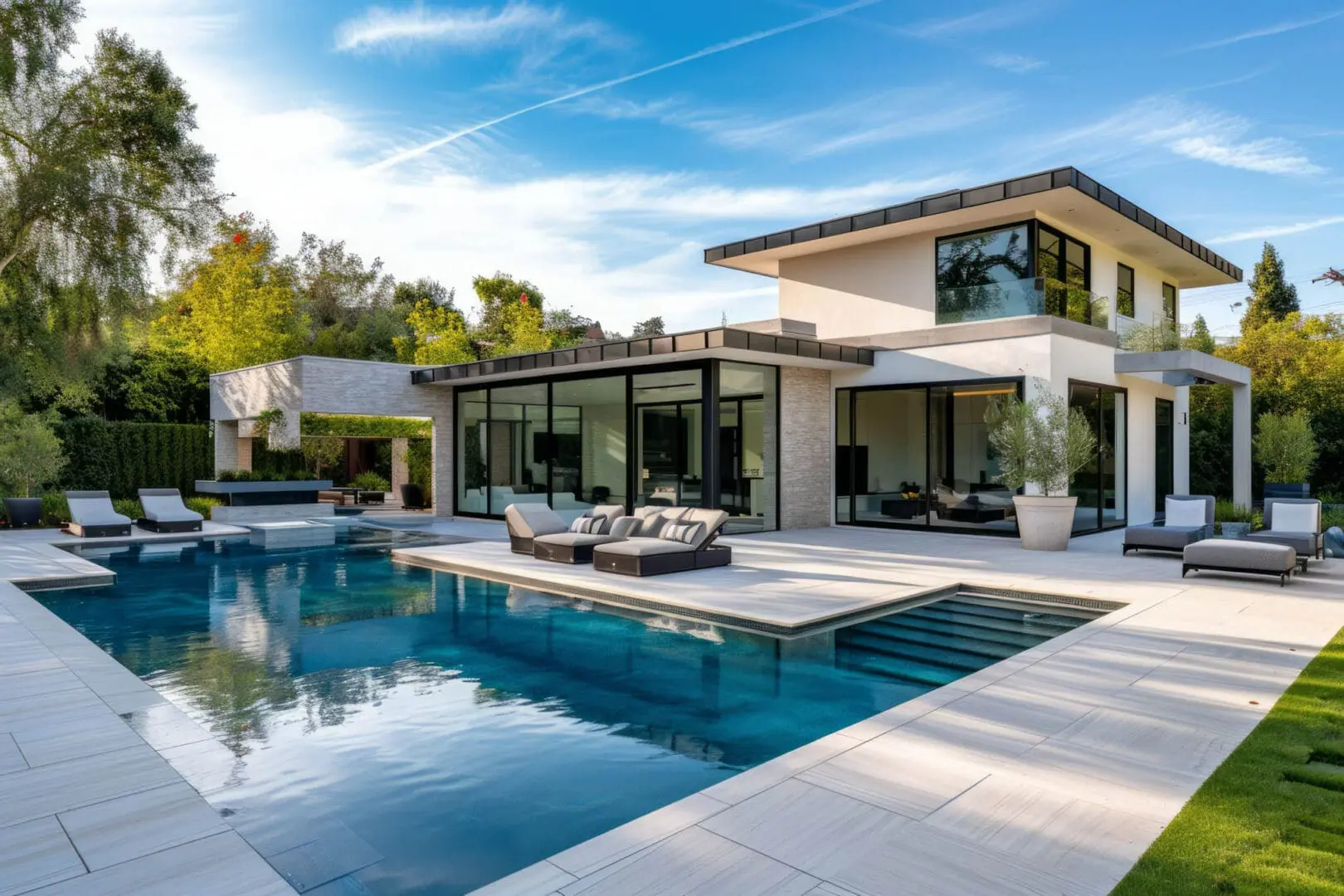 Modern house with pool and patio.