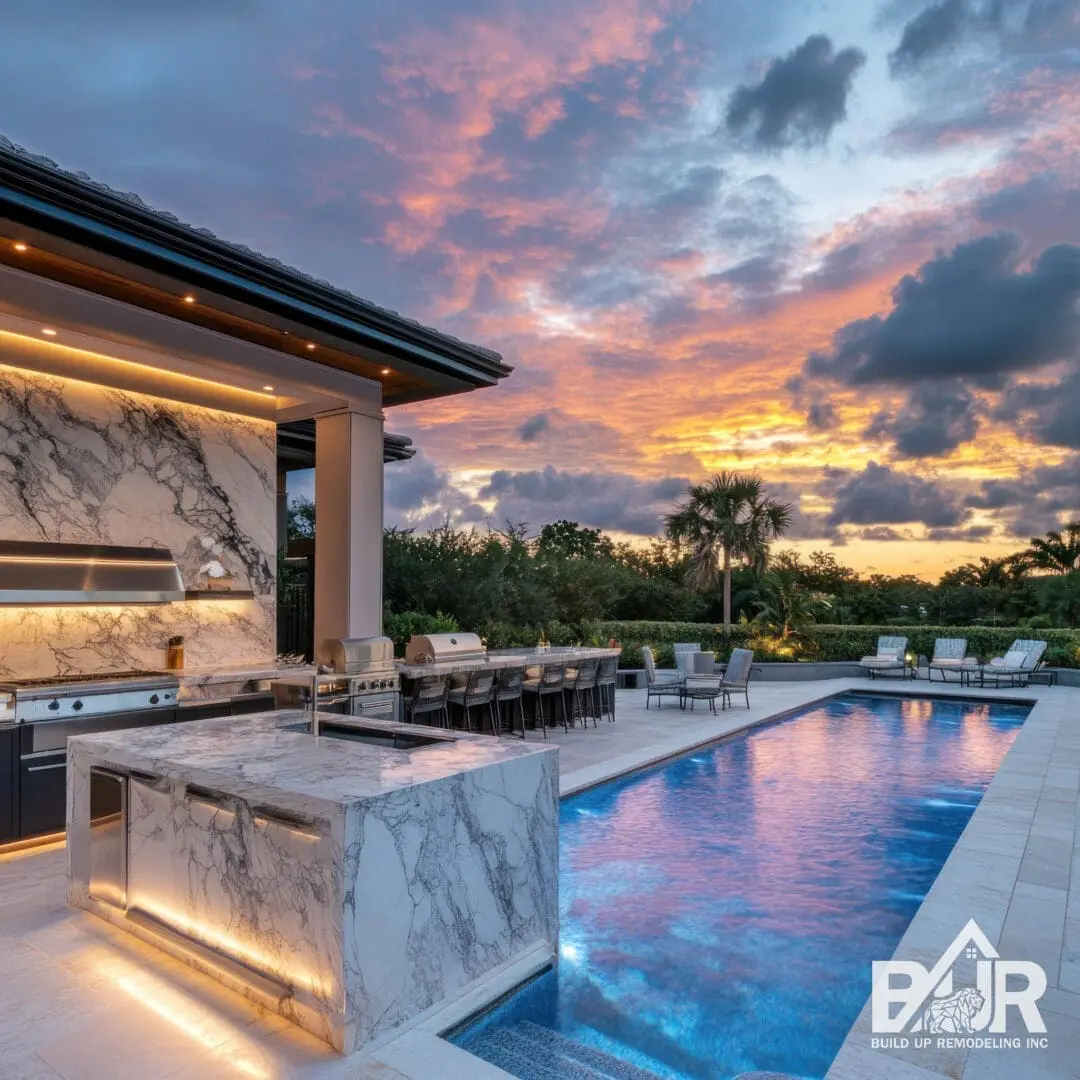 Luxury outdoor kitchen and pool at sunset.