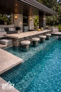 Luxury poolside bar with stone stools.