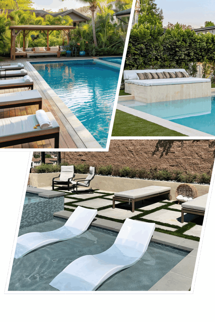 Modern backyard pools with lounge chairs.