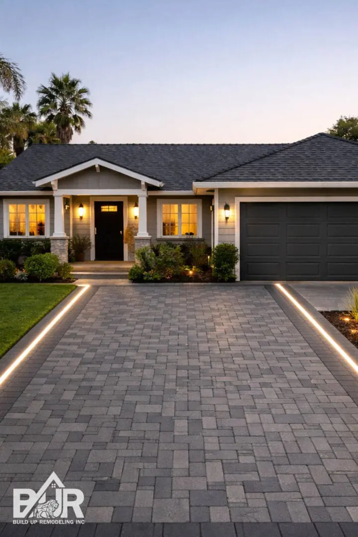 Modern house with illuminated driveway at dusk.
