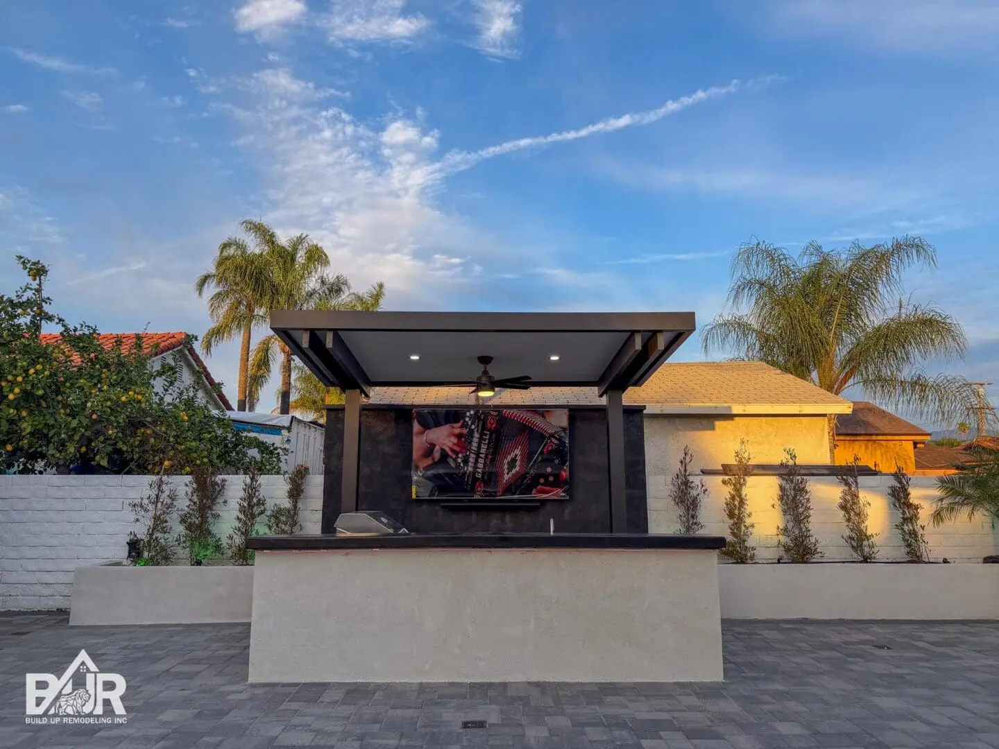 Outdoor kitchen with TV and palm trees.