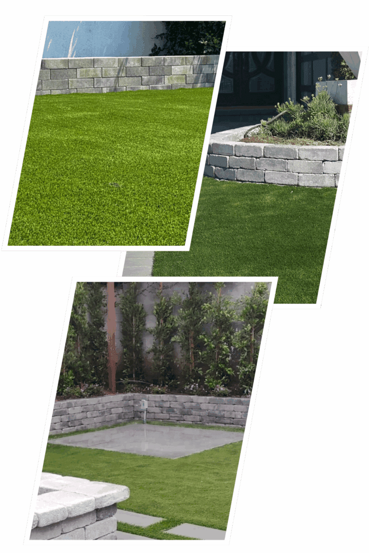 Artificial grass in landscaped garden settings.