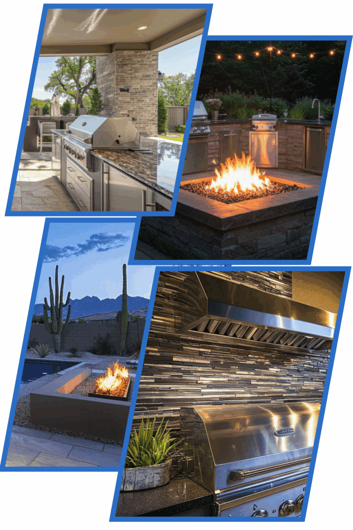 Outdoor kitchens with grills and fire pits.