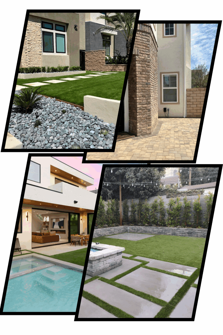 Modern residential exteriors with gardens and pools.