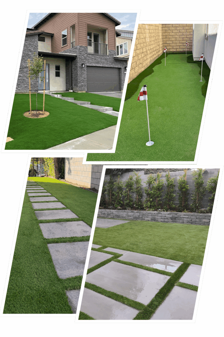 House exterior with artificial grass and pathways.
