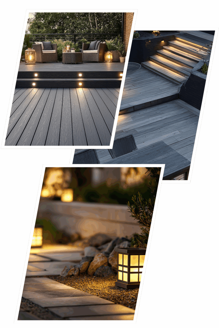 Outdoor patio with illuminated deck and path.