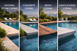 Pool coping options: stone, concrete, brick, cantilevered.