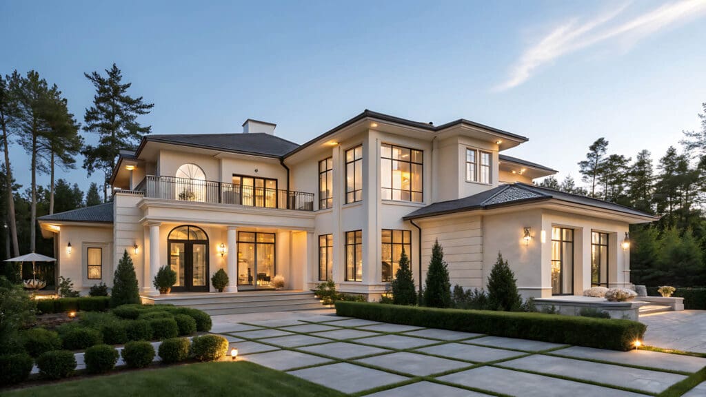 Elegant modern mansion with landscaped garden.