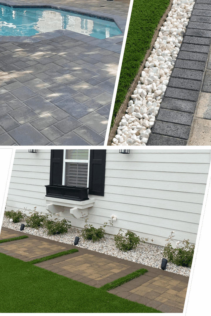 Paved poolside, stone edging, modern garden path.