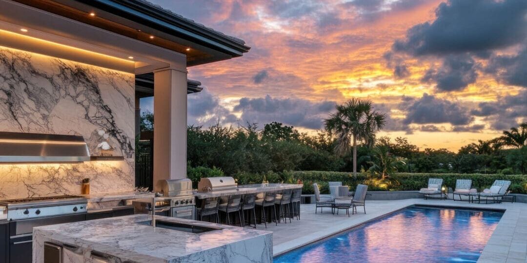 Luxurious outdoor kitchen with sunset view.