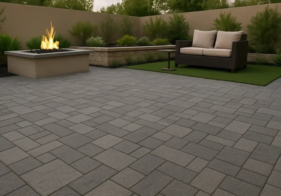 Modern patio with fire pit and seating.